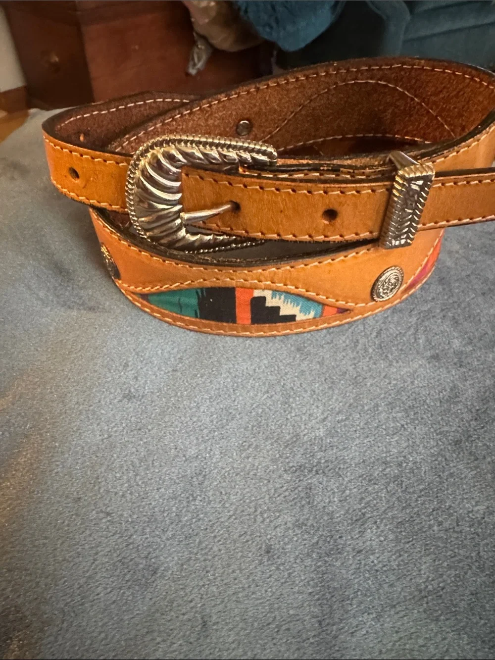 Kids Southwestern-Inspired Tan Leather Belt with Turquoise Accent